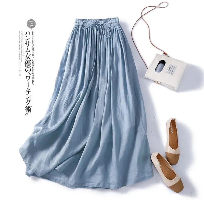 Korean Women's Linen Maxi Skirt with Pockets