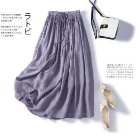 Korean Women's Linen Maxi Skirt with Pockets