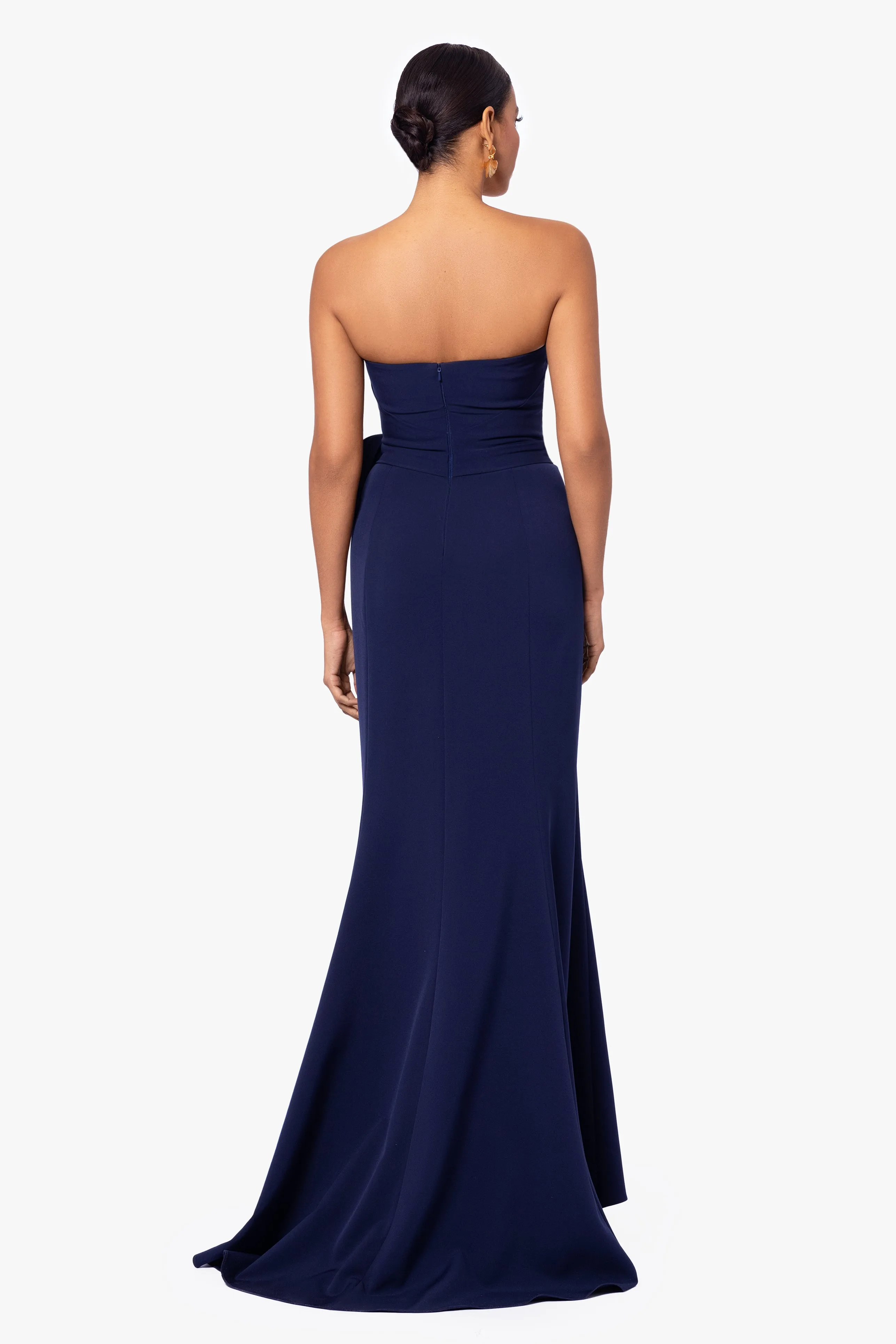 Long Strapless Scuba Dress with Bow Detail