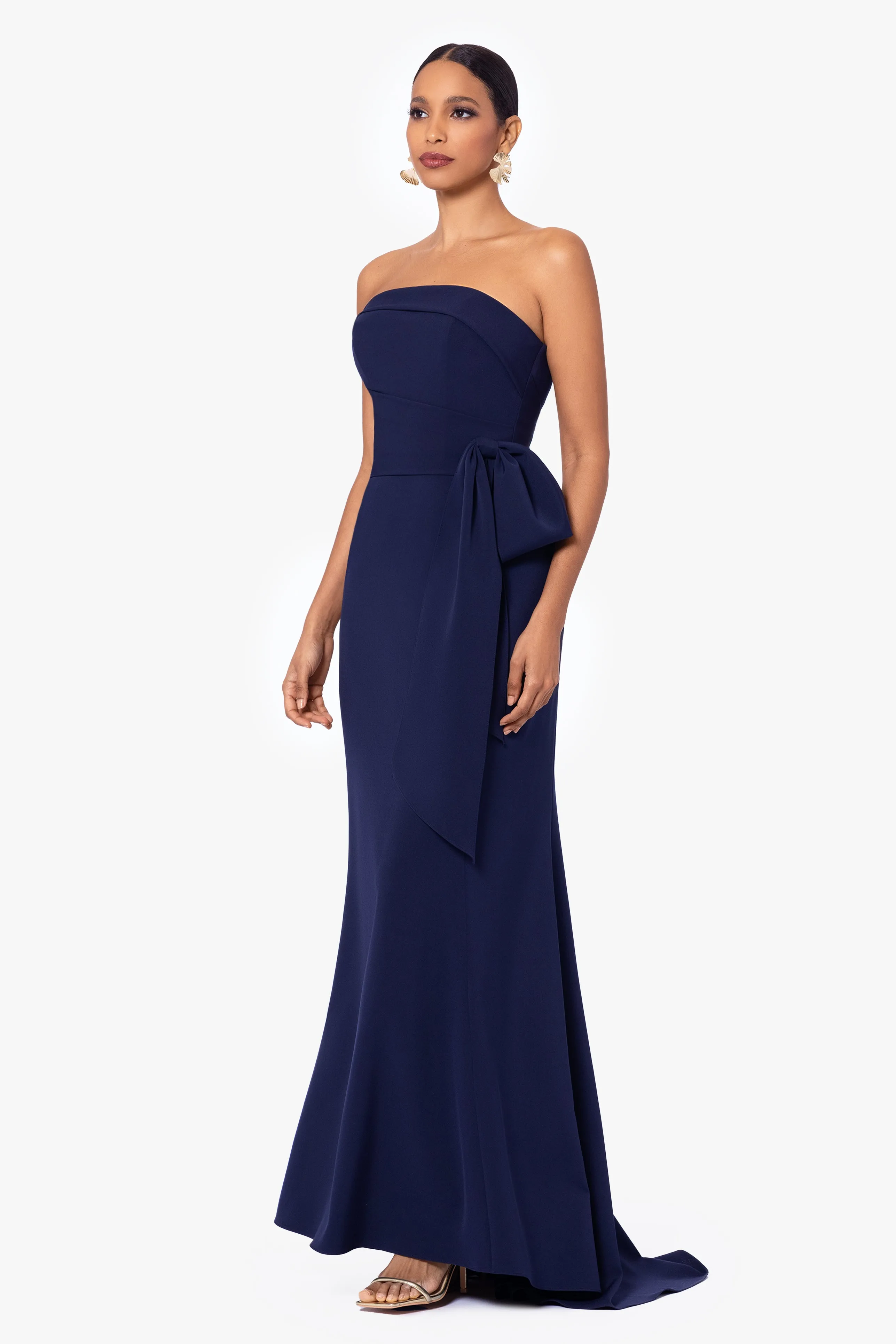 Long Strapless Scuba Dress with Bow Detail