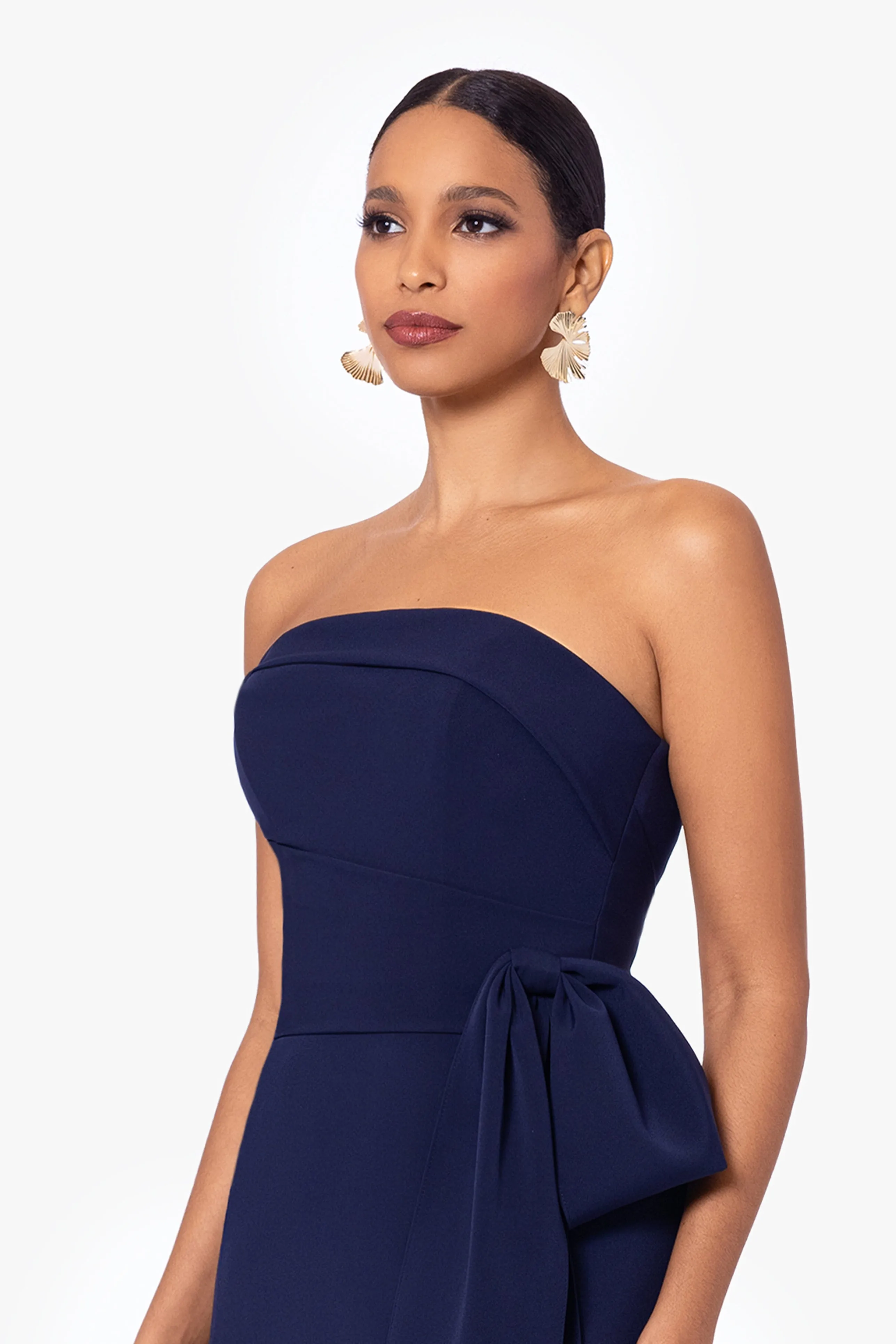 Long Strapless Scuba Dress with Bow Detail