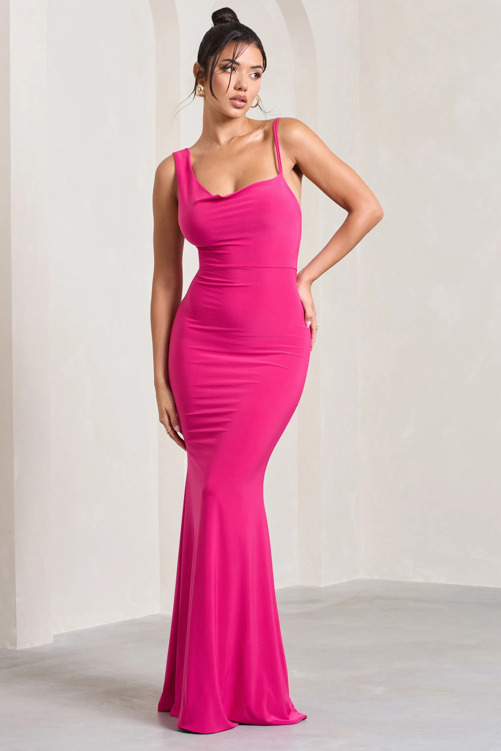 Hot Pink Asymmetric Neckline Cowl Maxi Dress