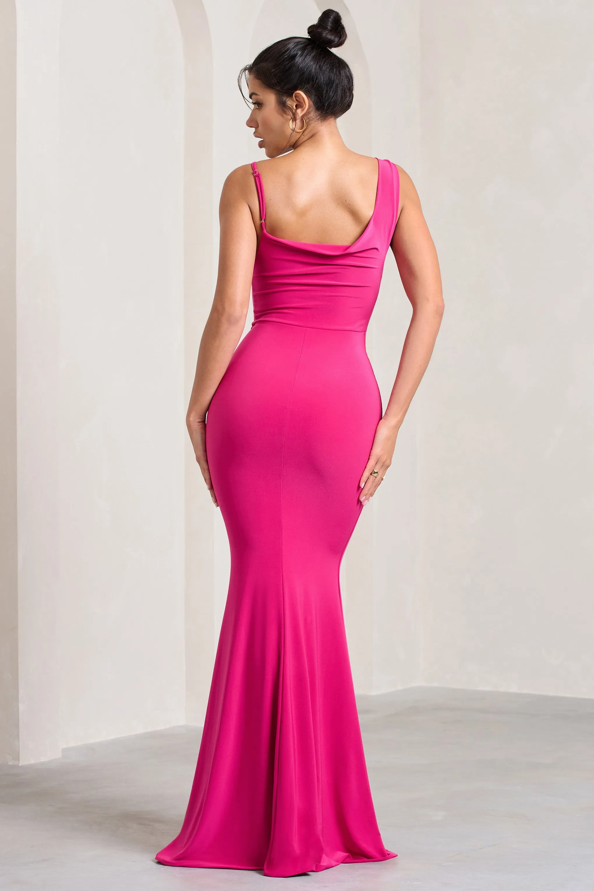 Hot Pink Asymmetric Neckline Cowl Maxi Dress