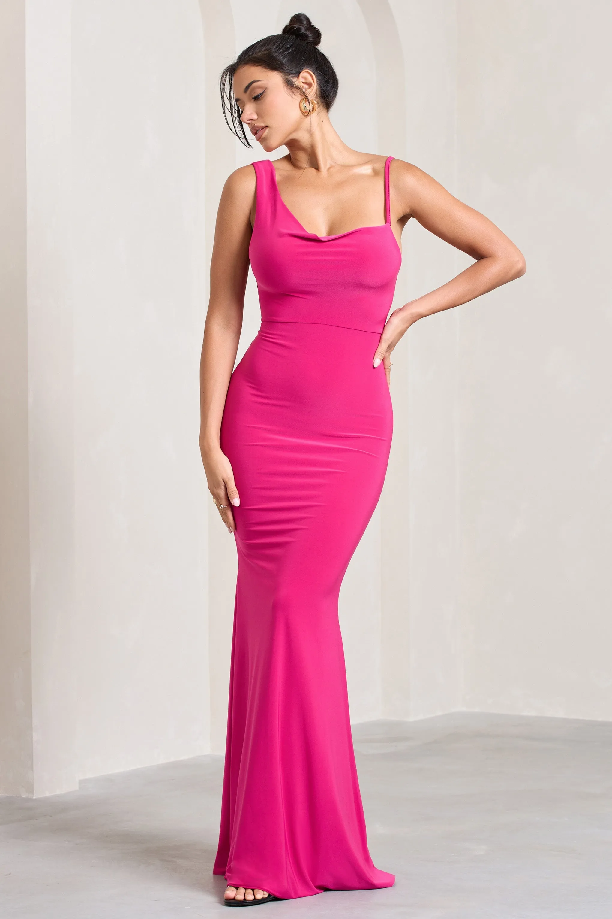 Hot Pink Asymmetric Neckline Cowl Maxi Dress