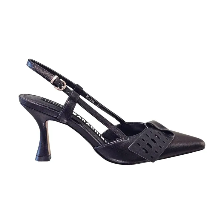 Black Leather Mid Heel Sling Backs by Luciano Barachini