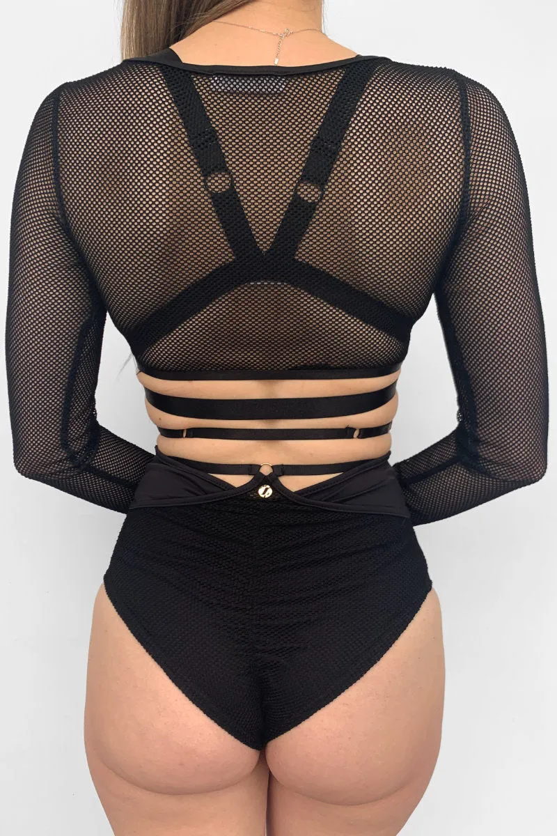 Sasha V Cut Out Long Sleeve Top - Recycled Black Mesh