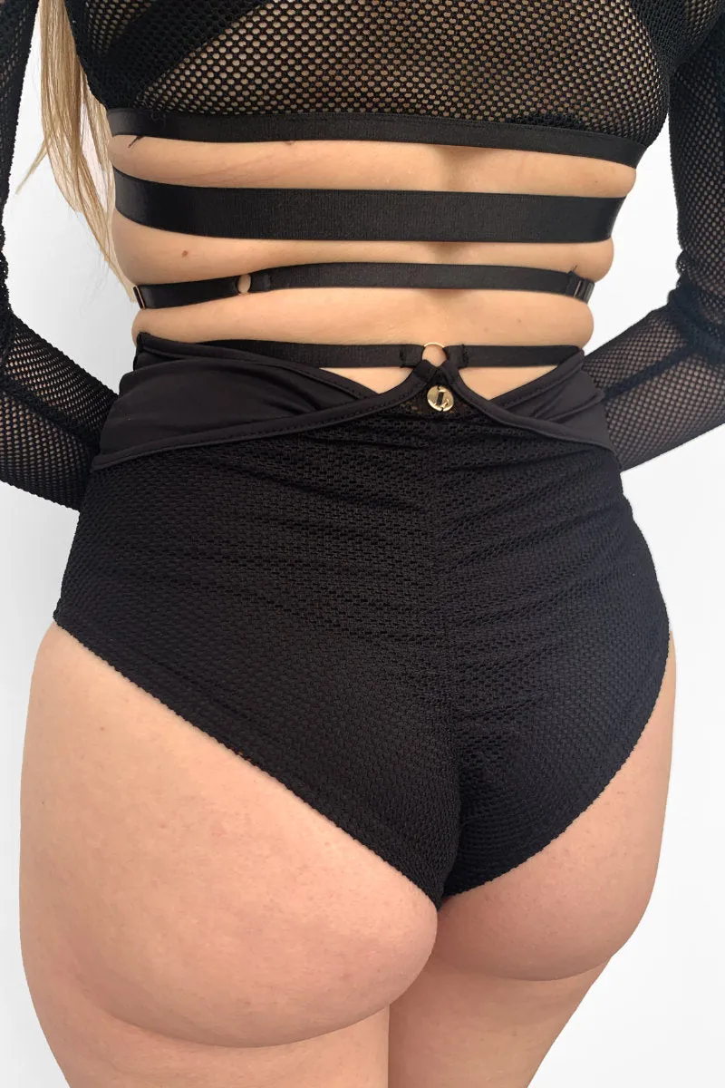 Sasha V Cut Out Long Sleeve Top - Recycled Black Mesh