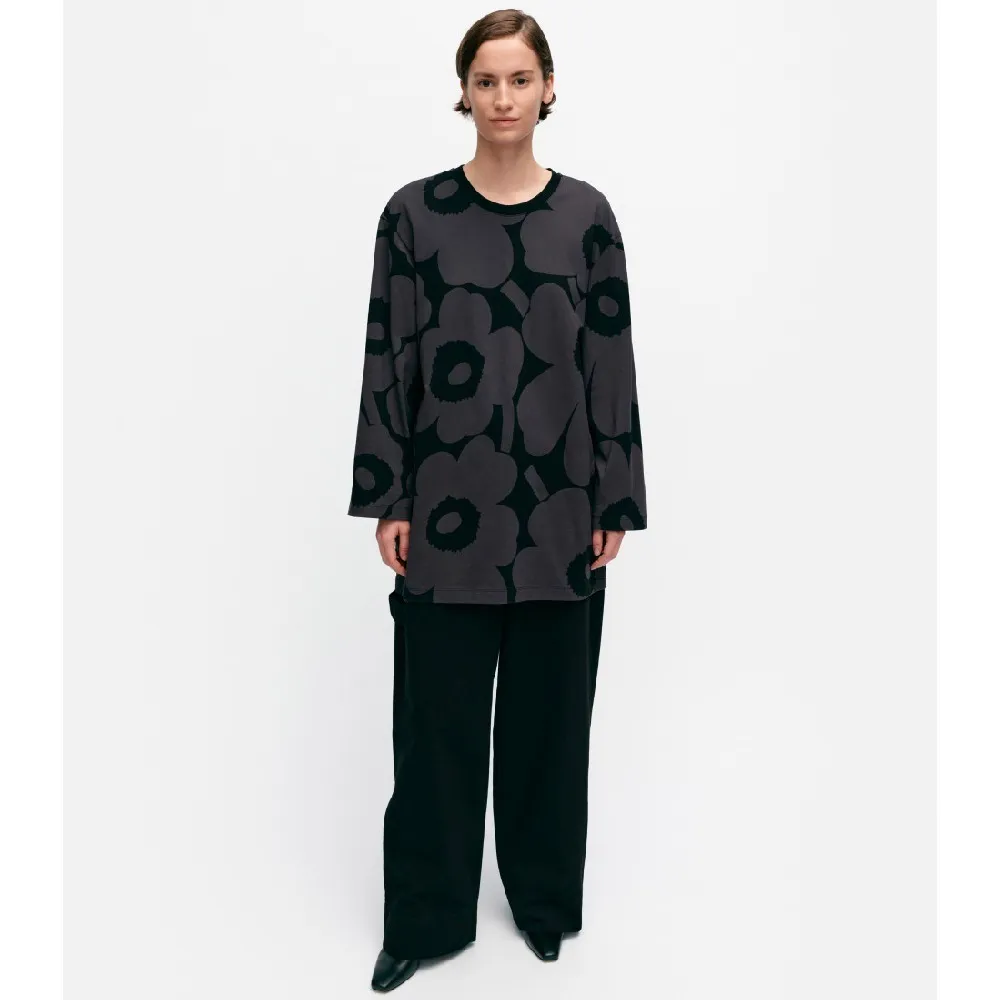 Marimekko Crew Neck Flower Patterns Rib Long Sleeves Cotton Tunics