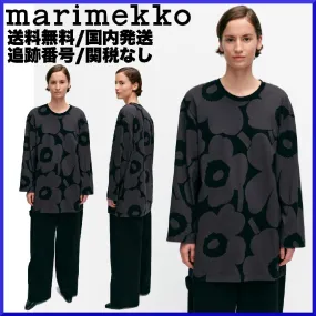 Marimekko Crew Neck Flower Patterns Rib Long Sleeves Cotton Tunics