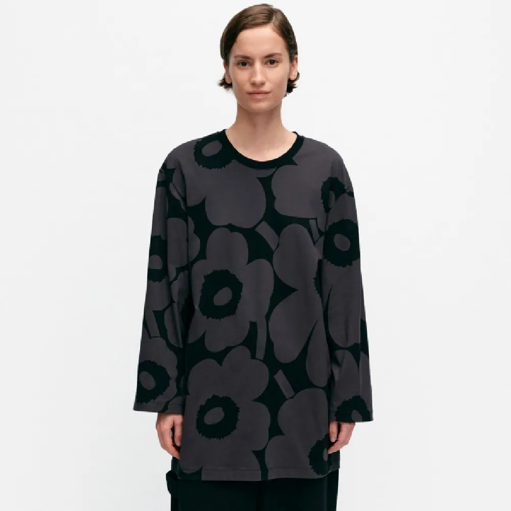 Marimekko Crew Neck Flower Patterns Rib Long Sleeves Cotton Tunics