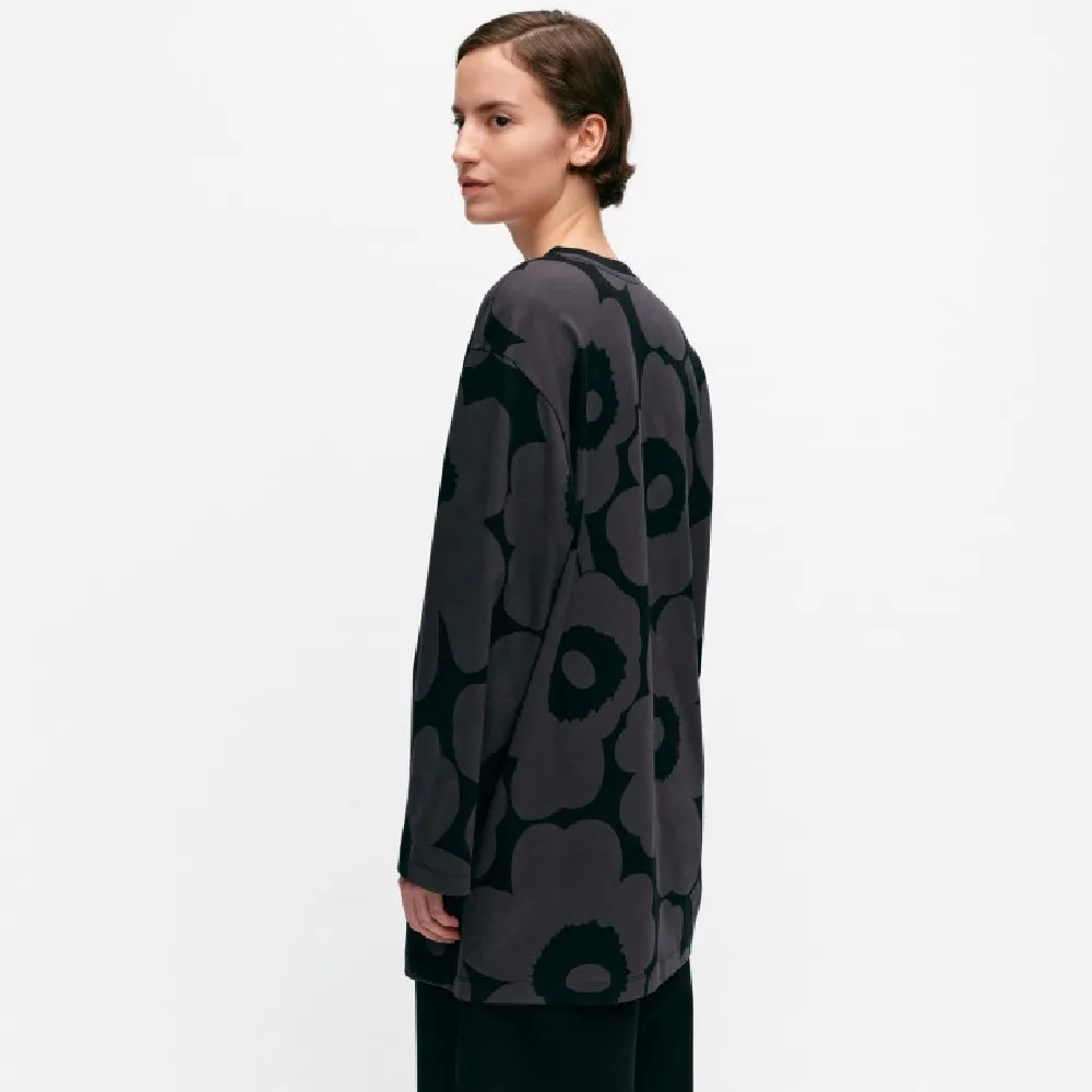 Marimekko Crew Neck Flower Patterns Rib Long Sleeves Cotton Tunics