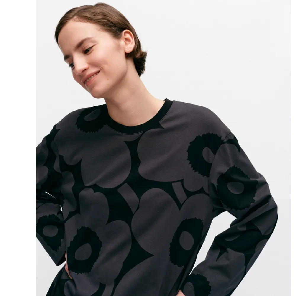 Marimekko Crew Neck Flower Patterns Rib Long Sleeves Cotton Tunics