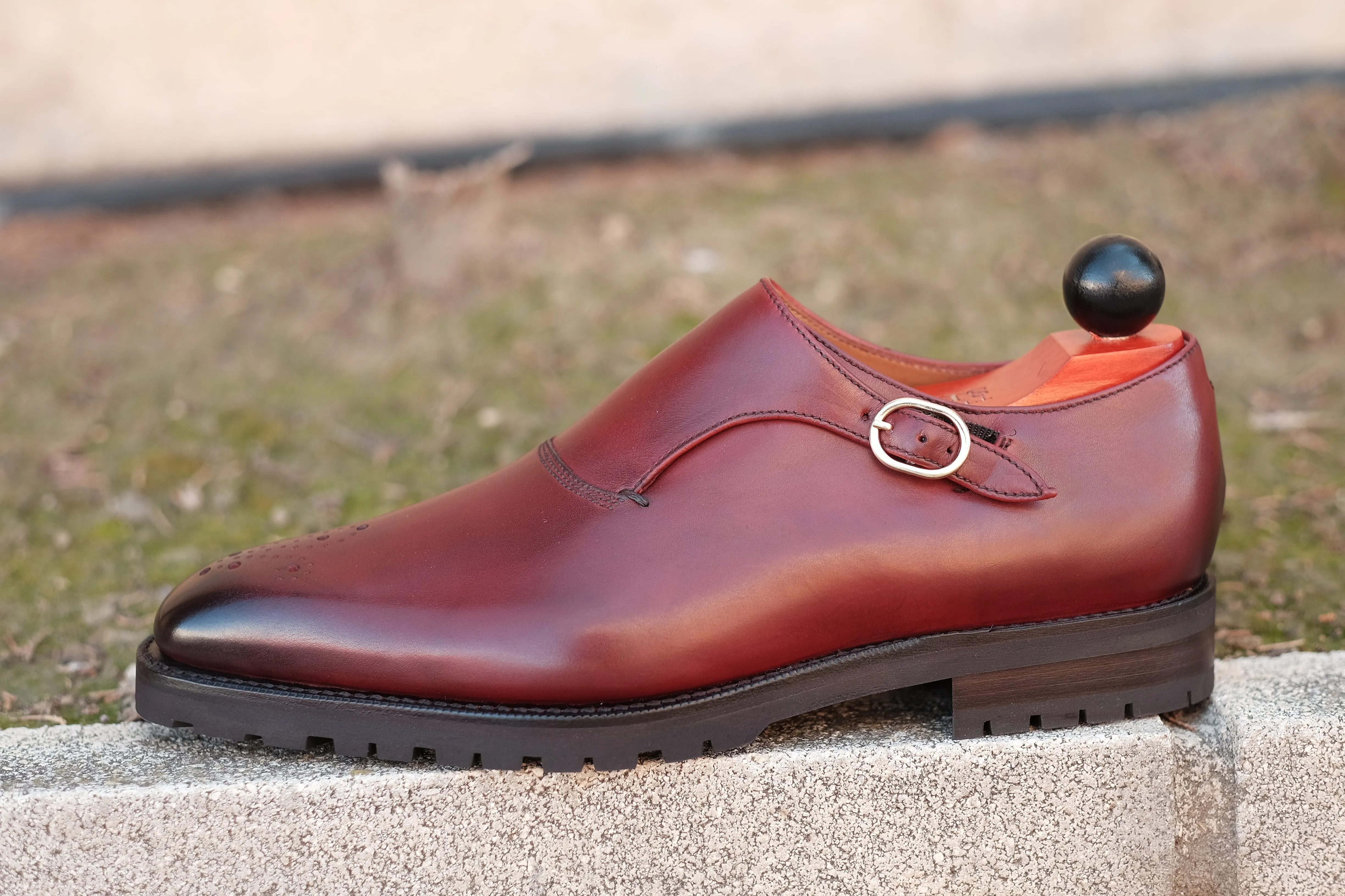 Handcrafted Burgundy Calf Leather Boots with Commando Sole