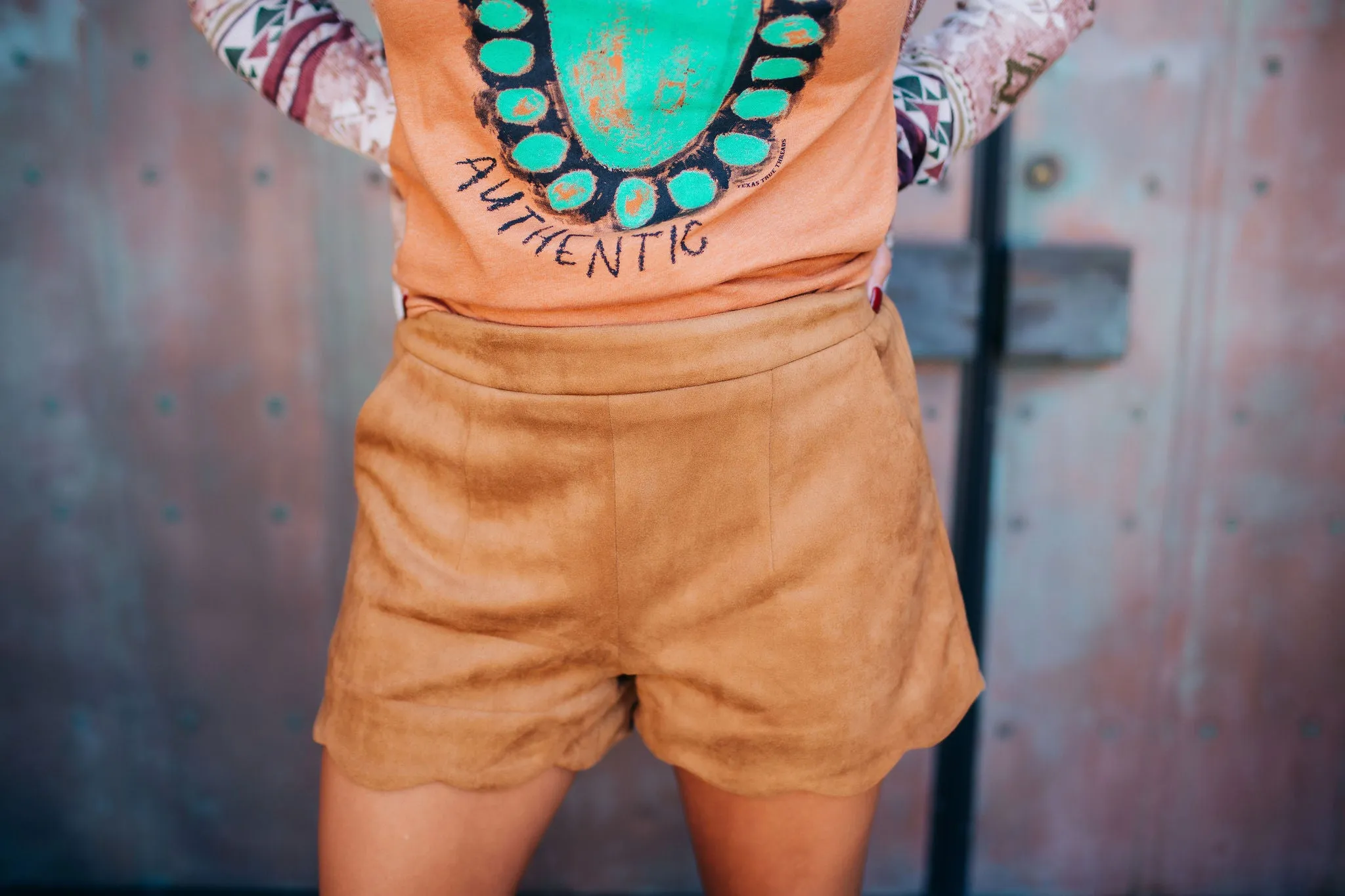 Scalloped Camel Suede Shorts