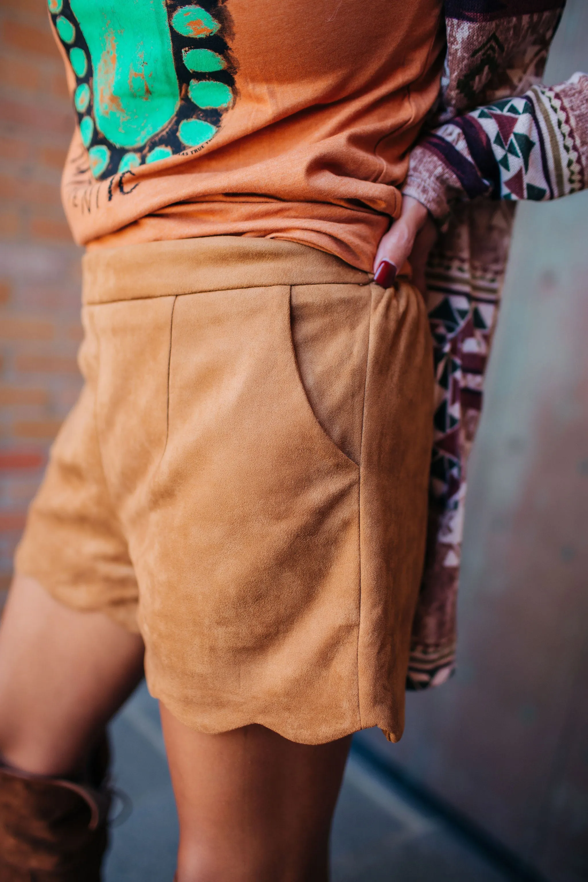 Scalloped Camel Suede Shorts