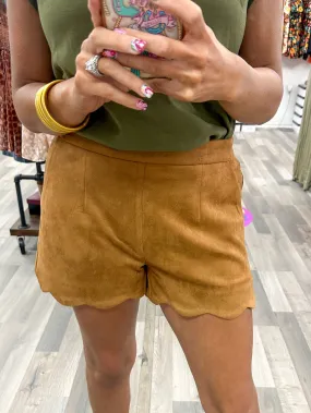 Scalloped Camel Suede Shorts