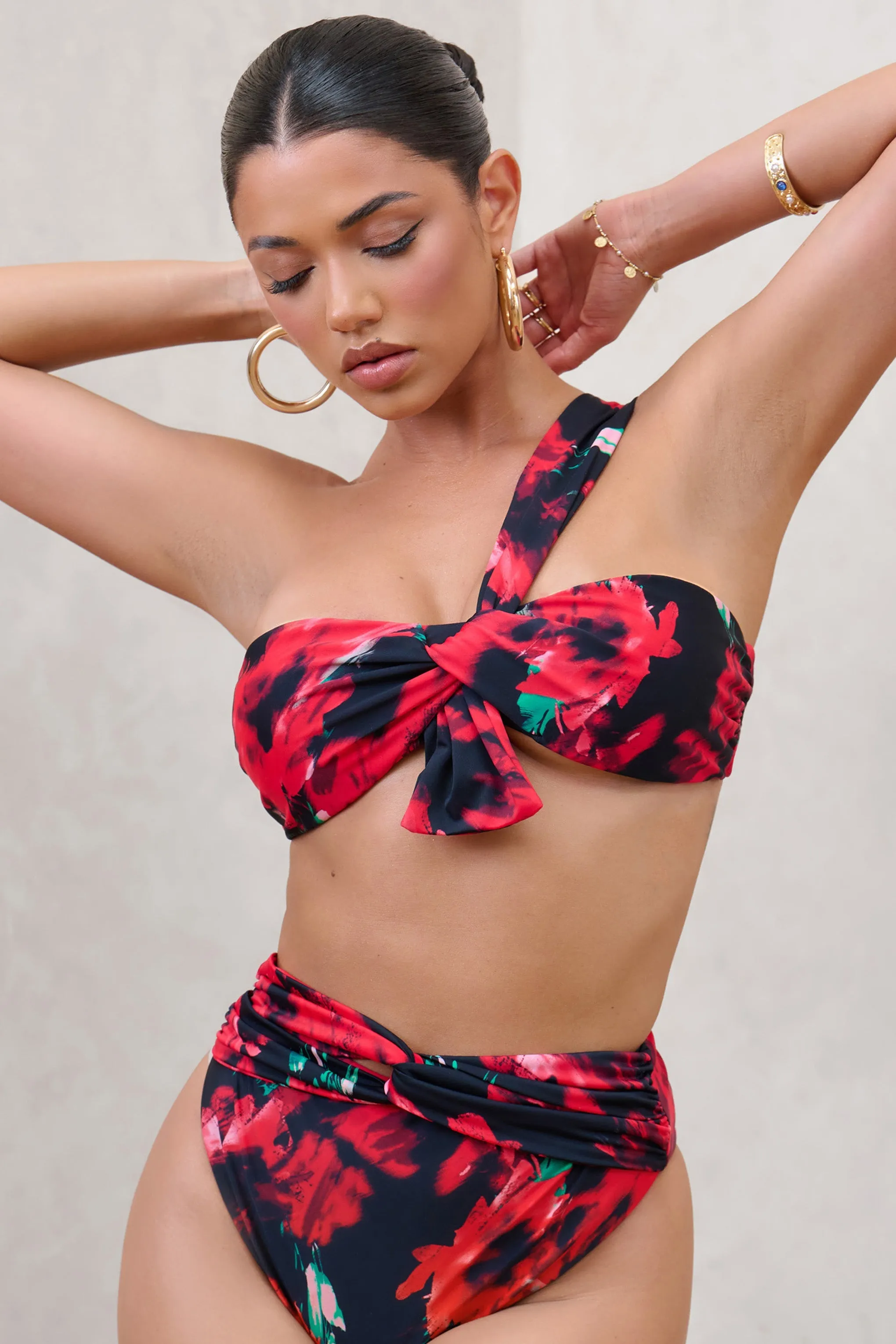 One Shoulder Bikini Top with Multi Print