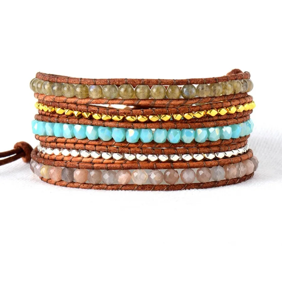 Beaded Wrap Bracelet with Agate and Labradorite Stones