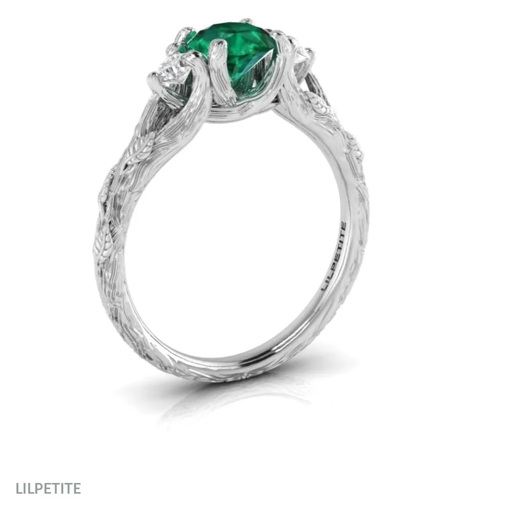 Emerald and Diamonds Twig Ring Set with Three Stone Nature Tree