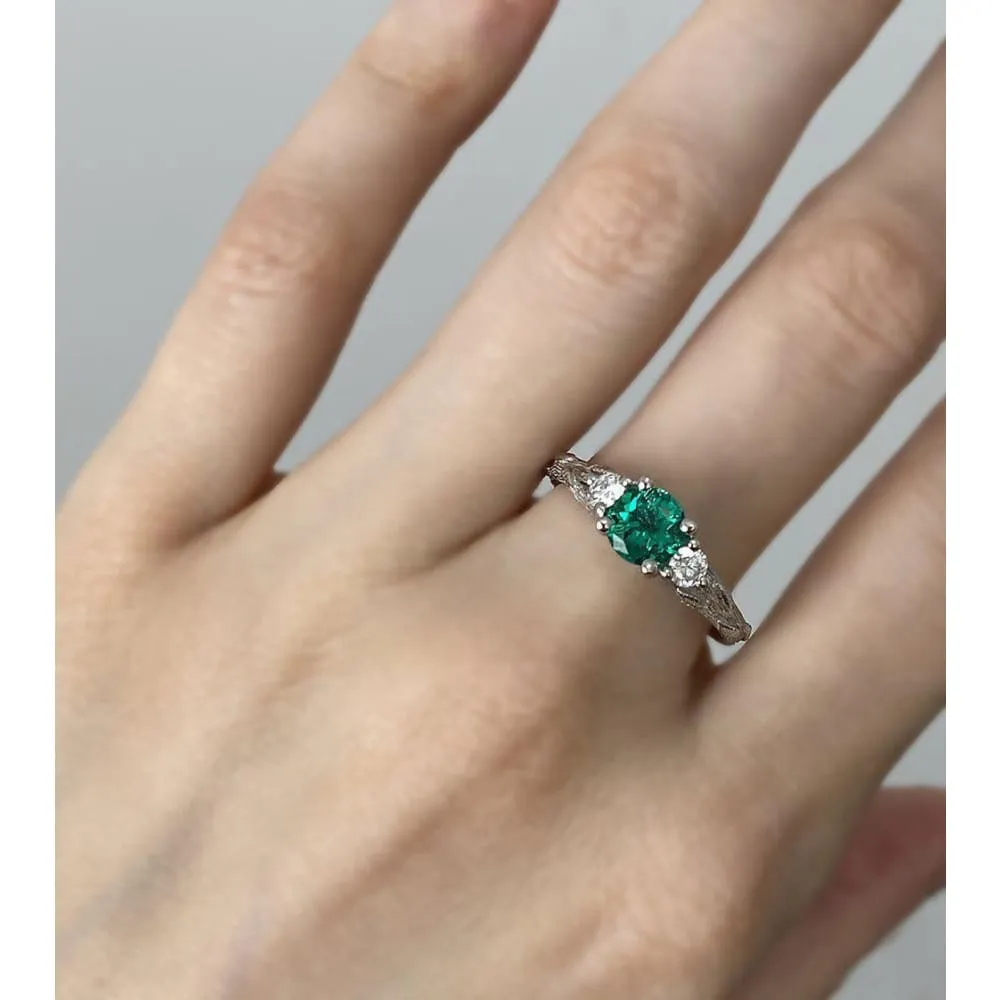 Emerald and Diamonds Twig Ring Set with Three Stone Nature Tree