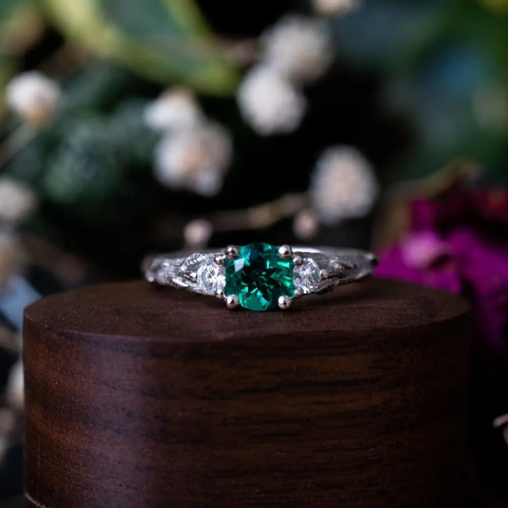 Emerald and Diamonds Twig Ring Set with Three Stone Nature Tree