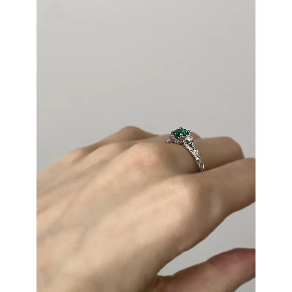 Emerald and Diamonds Twig Ring Set with Three Stone Nature Tree