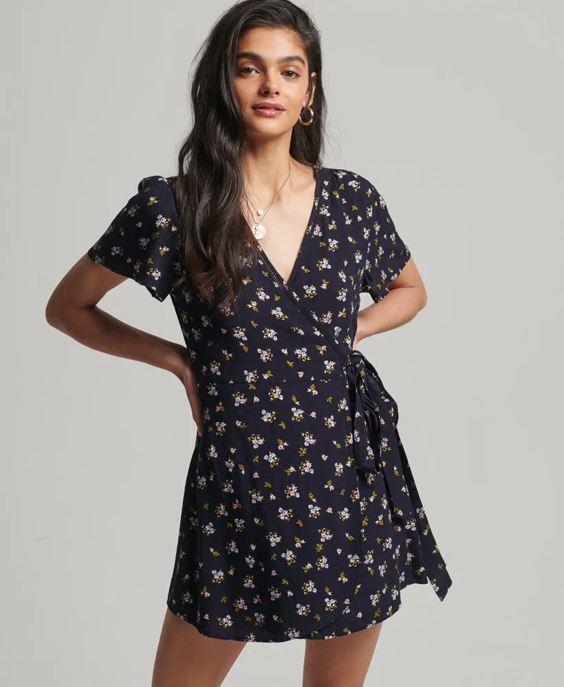 Navy Floral Vintage Mini Wrap Dress