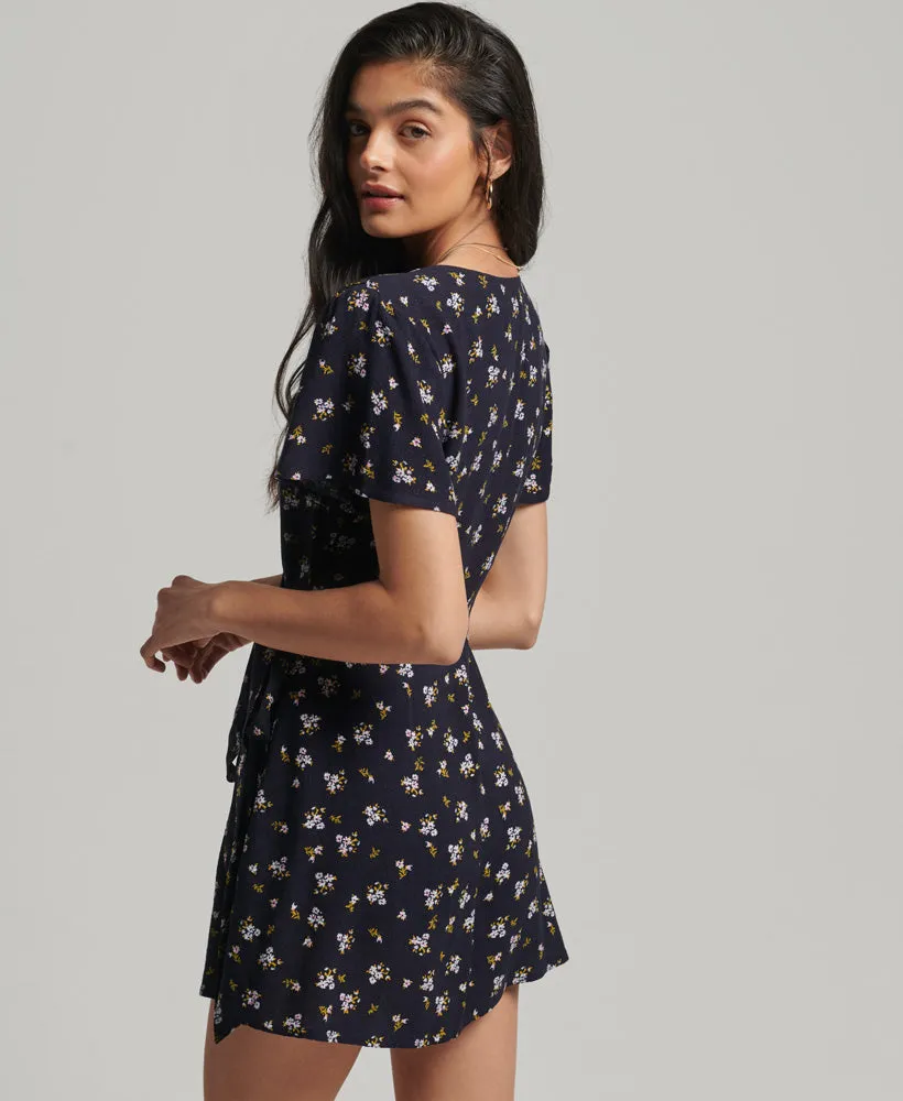 Navy Floral Vintage Mini Wrap Dress