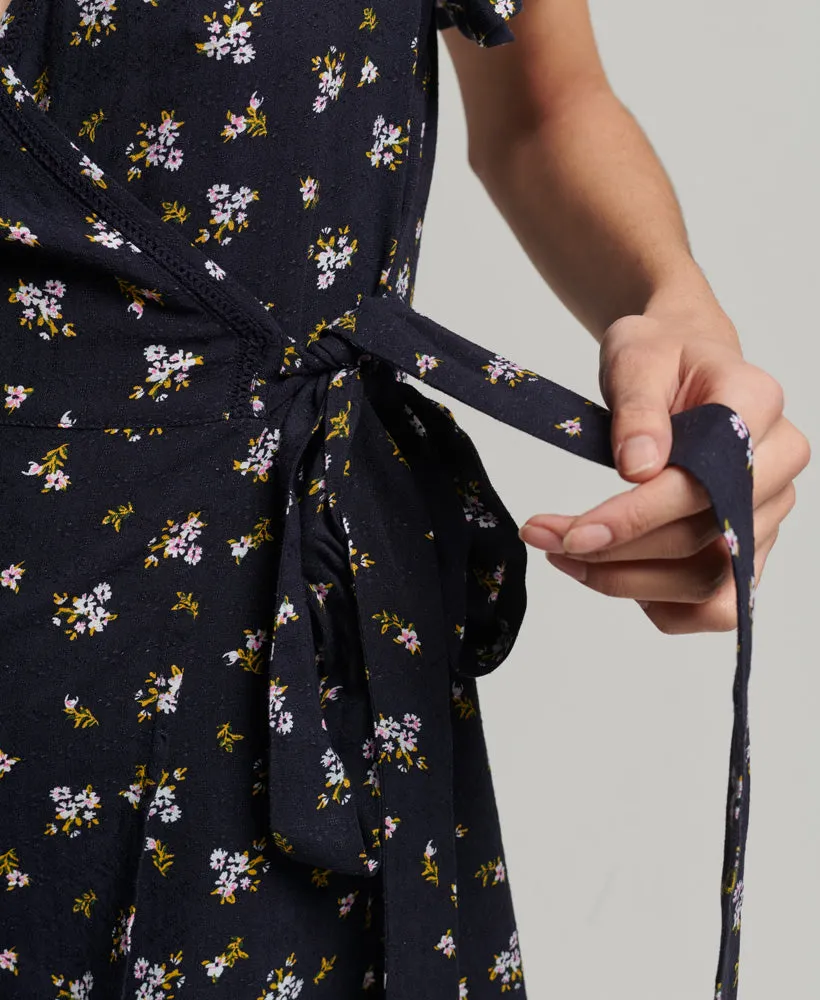 Navy Floral Vintage Mini Wrap Dress