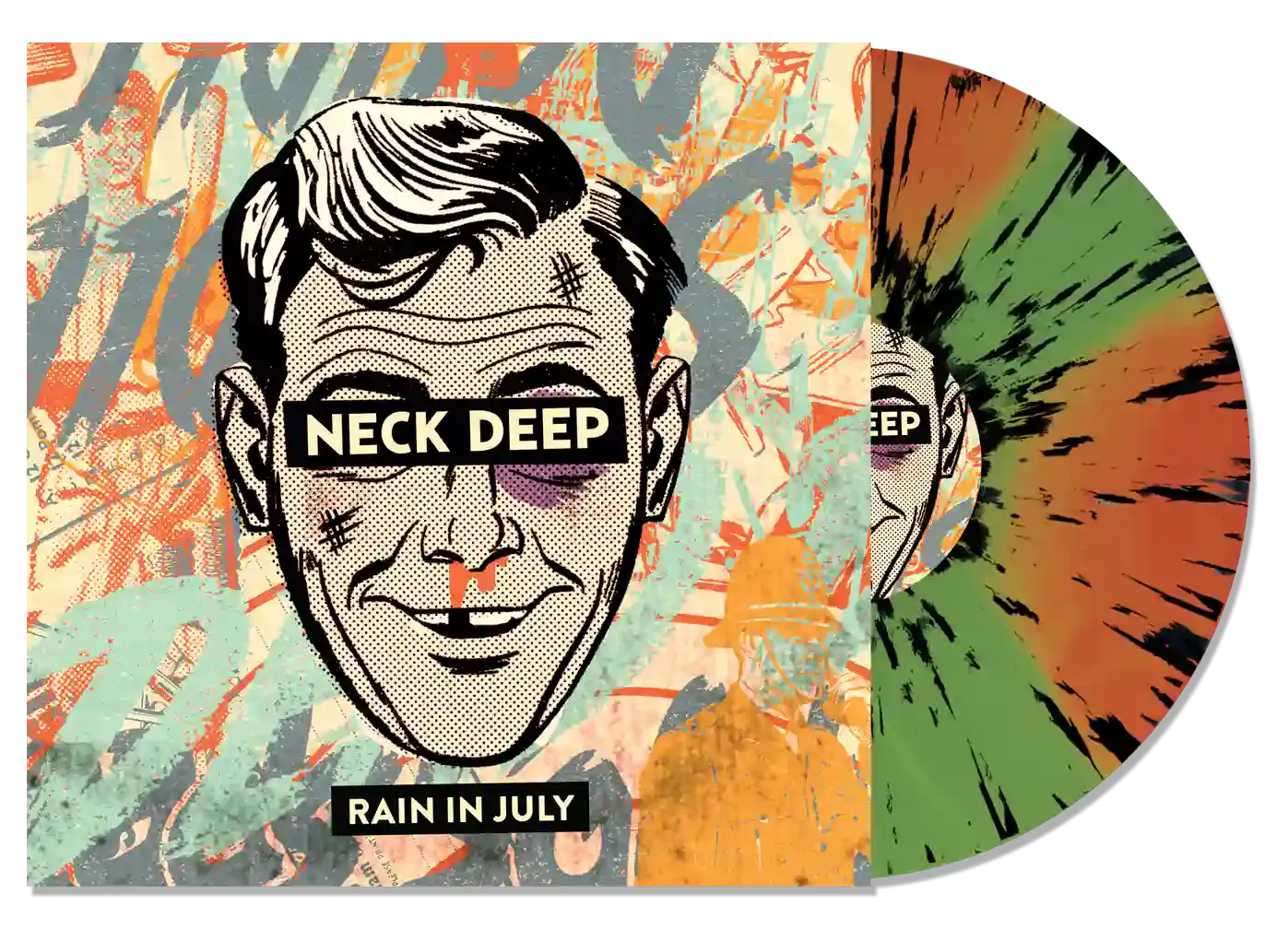 NECK DEEP ‘RAIN IN JULY’ 10TH ANNIVERSARY LP (Limited Edition – Only 300 made, Transparent Orange & Green Pinwheel w/ Black Spla