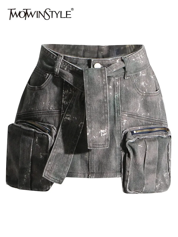 High Waist Camouflage Denim Skirt