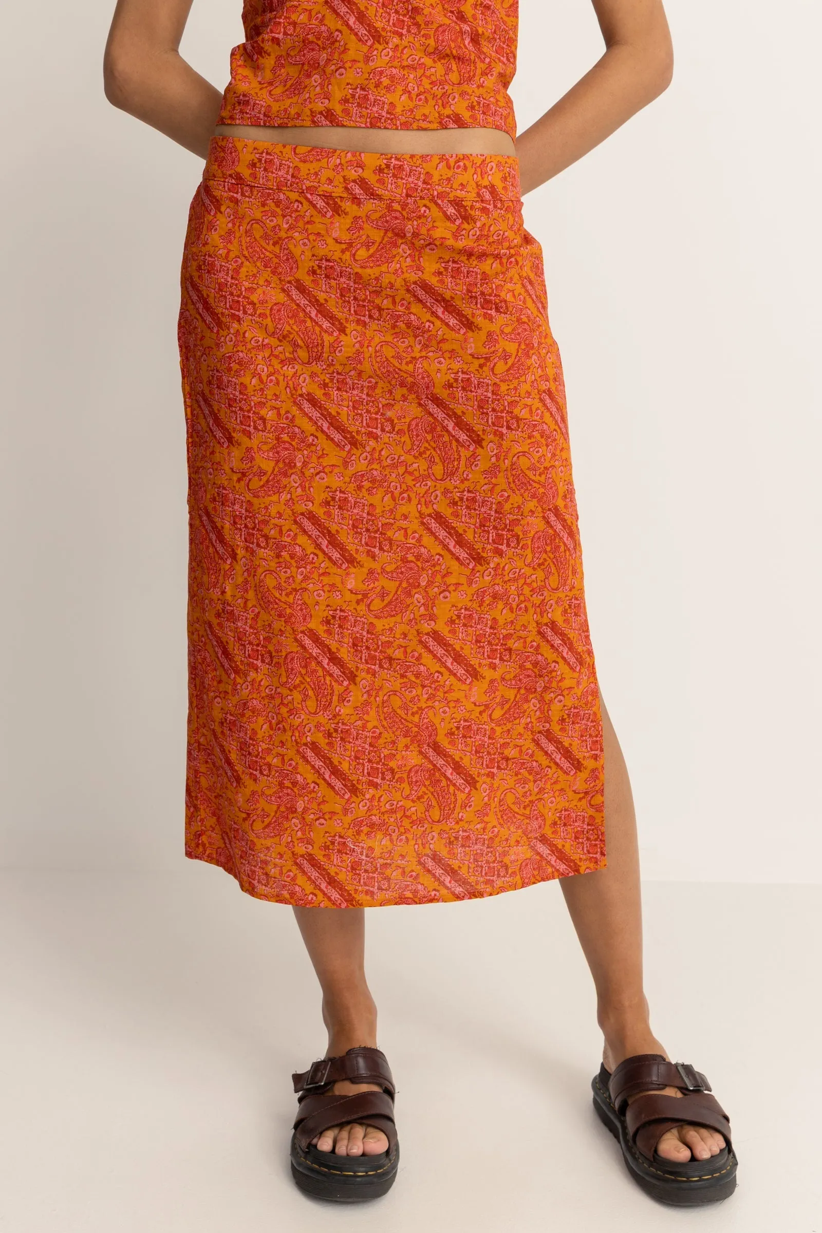 Adia Paisley Midi Skirt in Orange