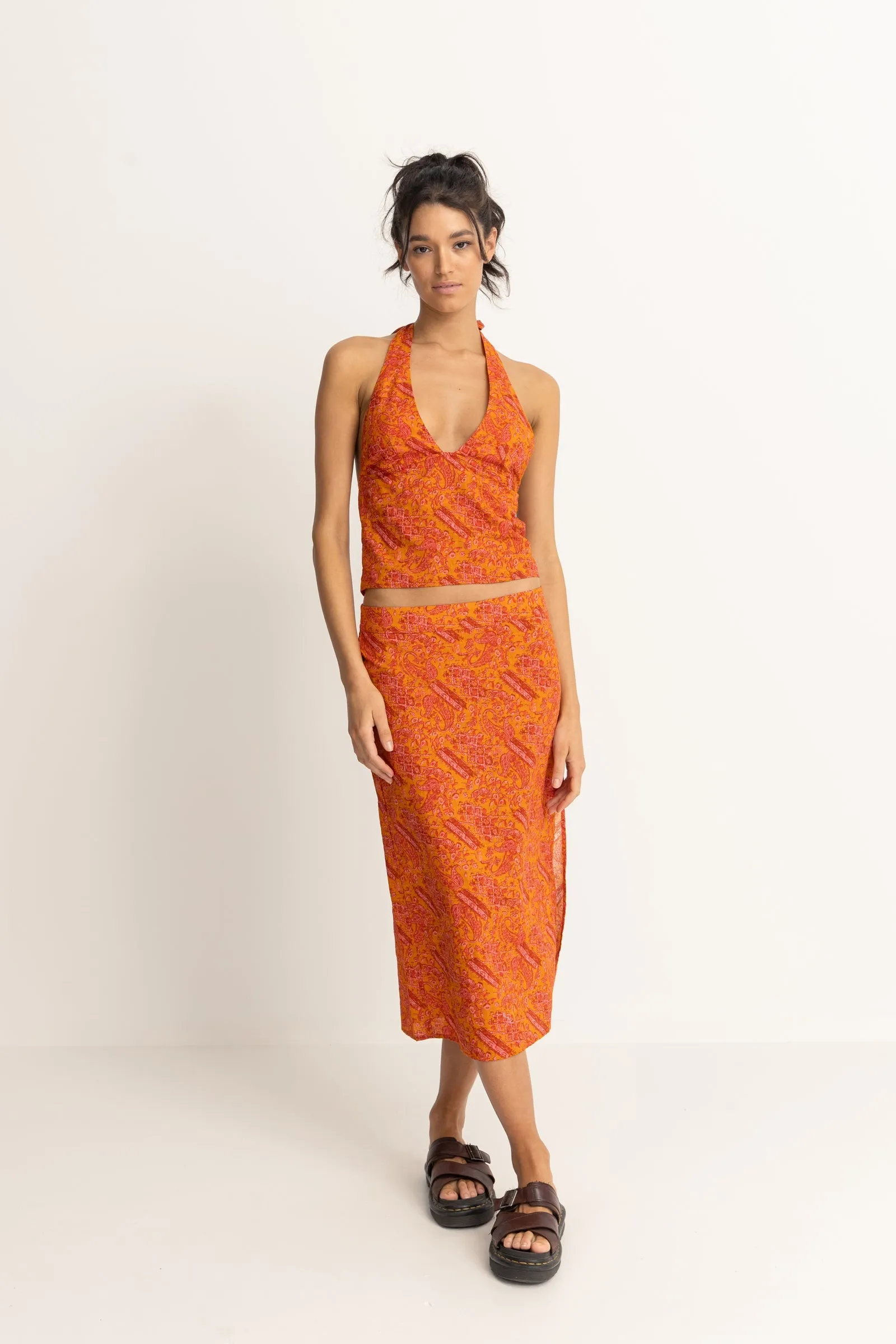 Adia Paisley Midi Skirt in Orange