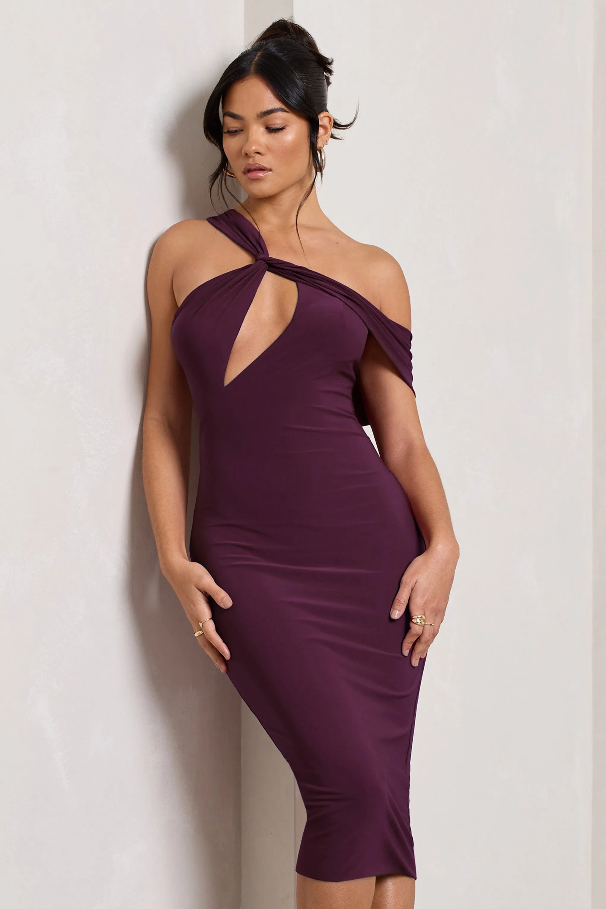 Plum Asymmetric Neck Midi Dress