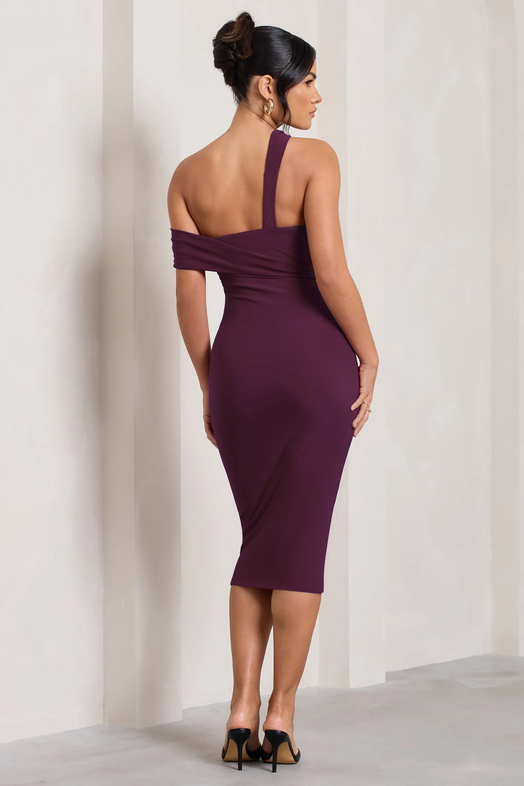 Plum Asymmetric Neck Midi Dress