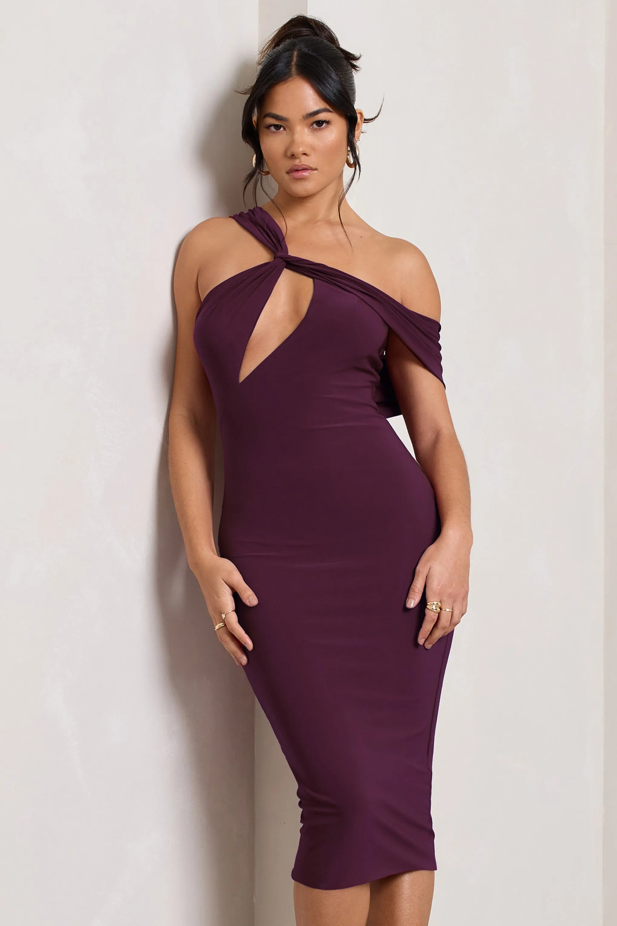 Plum Asymmetric Neck Midi Dress