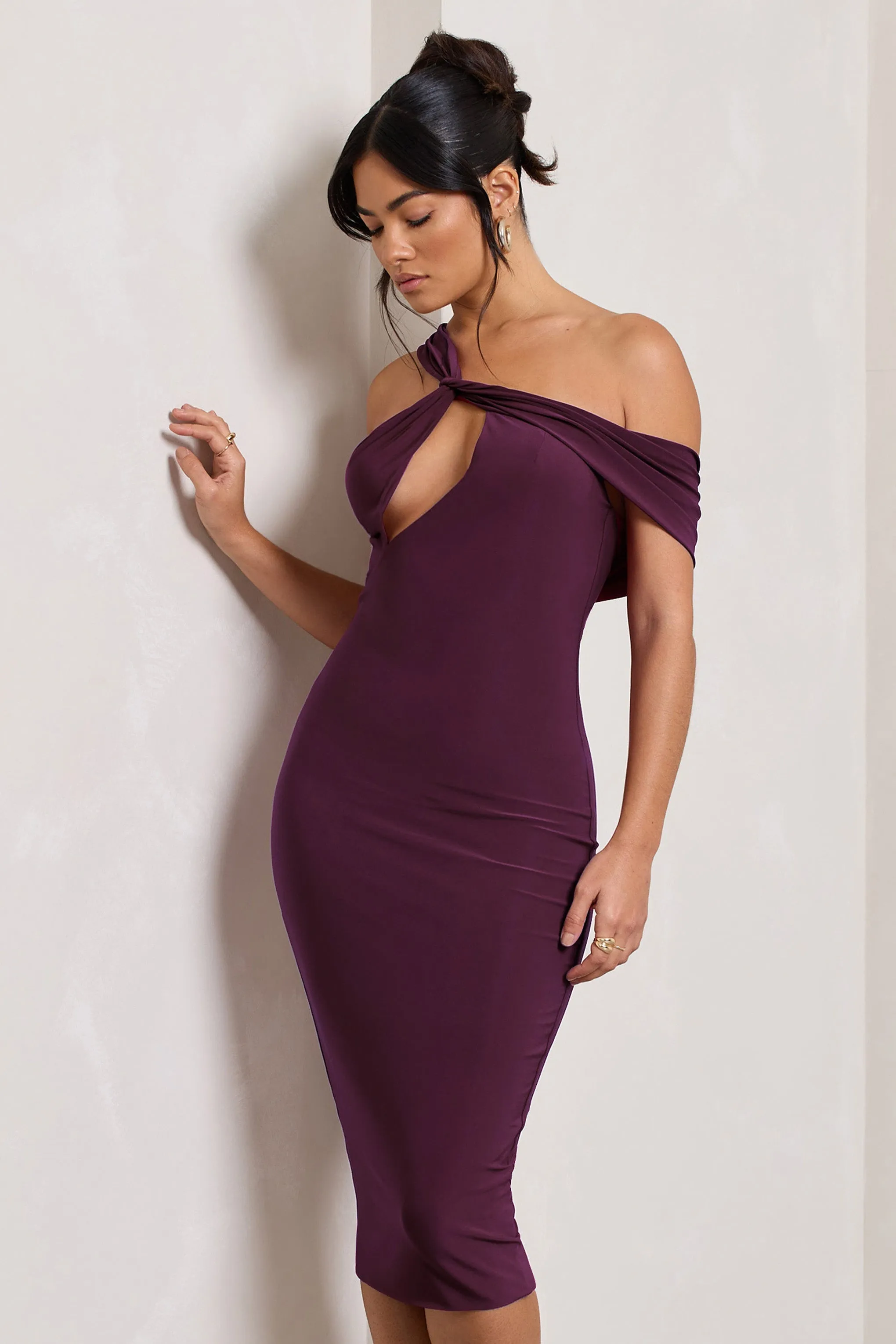 Plum Asymmetric Neck Midi Dress