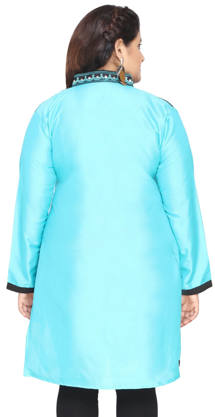 Plus Size Turquoise Poly Silk Indian Tunics Kurti Long Top for Women