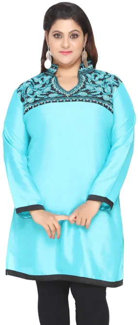 Plus Size Turquoise Poly Silk Indian Tunics Kurti Long Top for Women