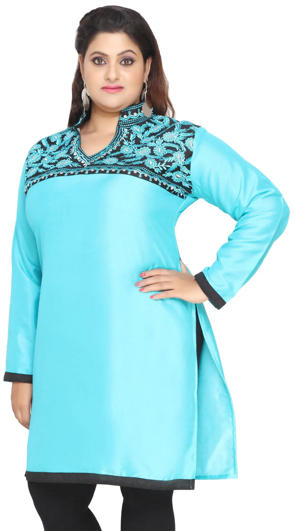 Plus Size Turquoise Poly Silk Indian Tunics Kurti Long Top for Women