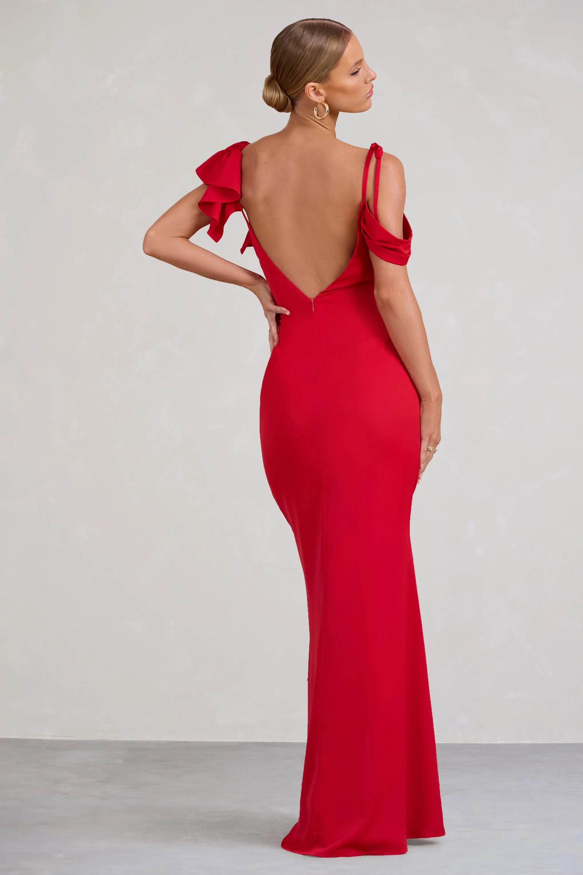 Merlot Red Asymmetric Draped Split Long Dress