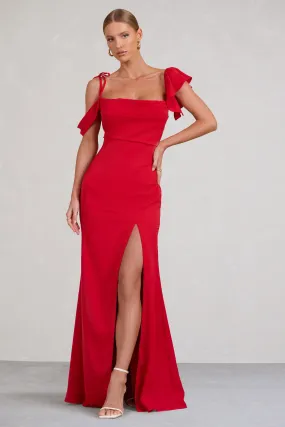 Merlot Red Asymmetric Draped Split Long Dress