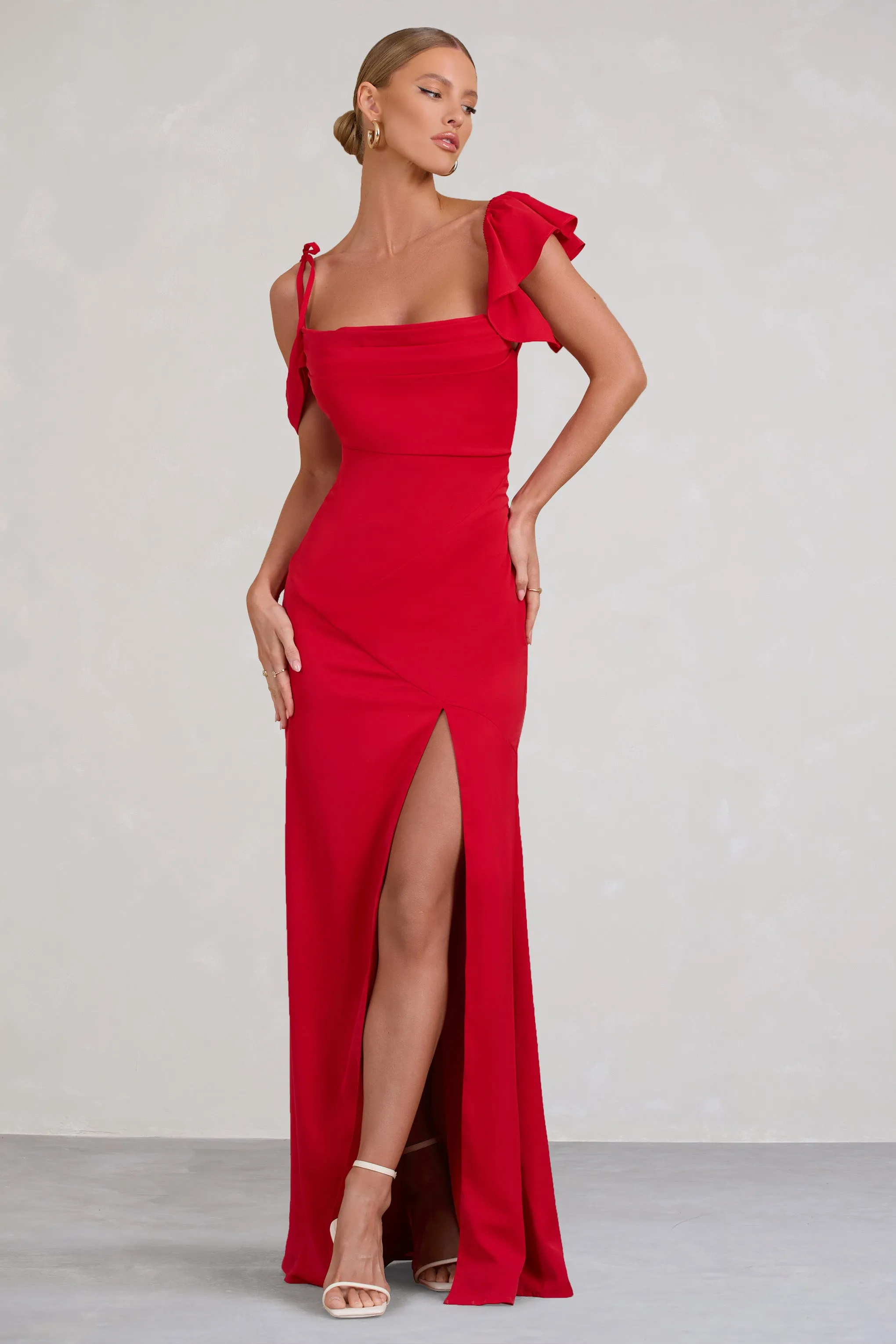 Merlot Red Asymmetric Draped Split Long Dress