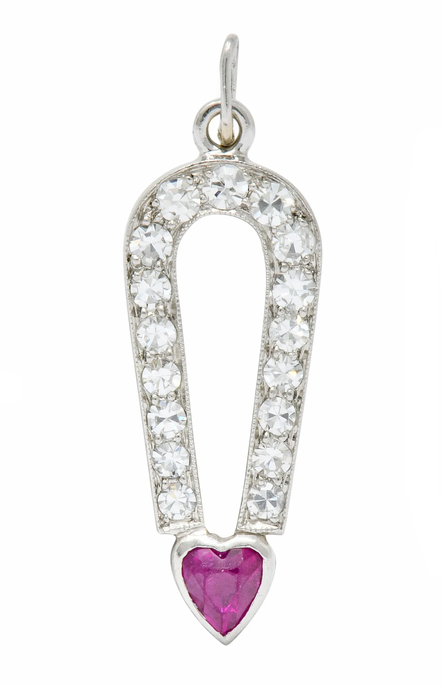 Art Deco Platinum Love Magnet Heart Charm with Ruby Diamond