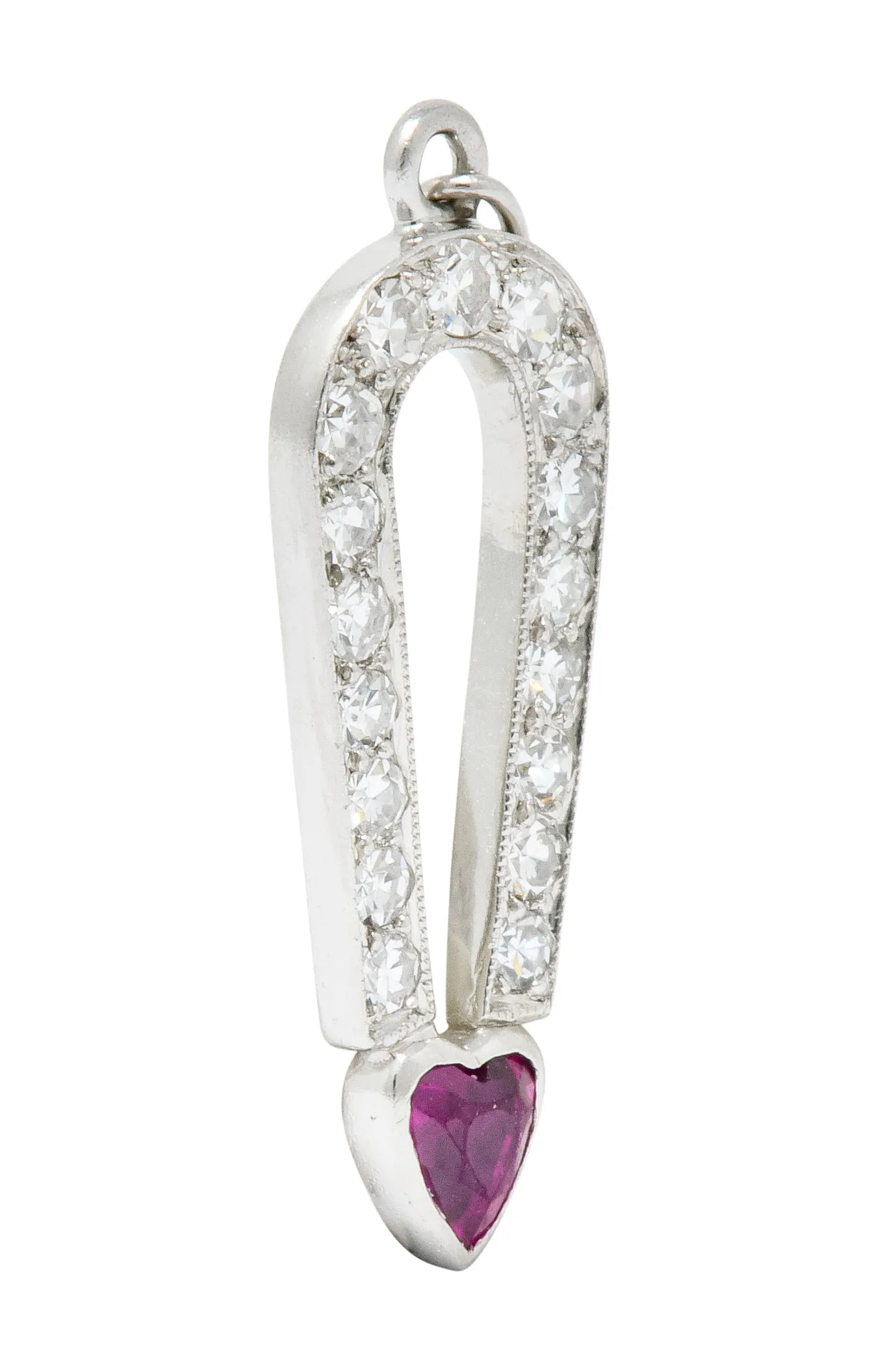 Art Deco Platinum Love Magnet Heart Charm with Ruby Diamond