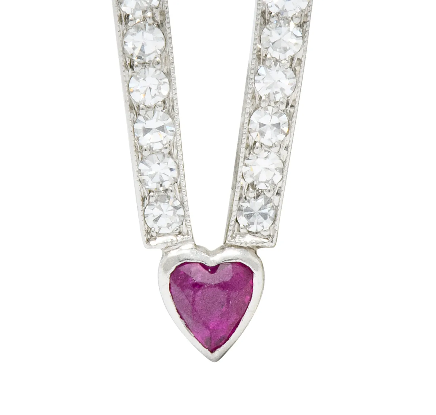 Art Deco Platinum Love Magnet Heart Charm with Ruby Diamond