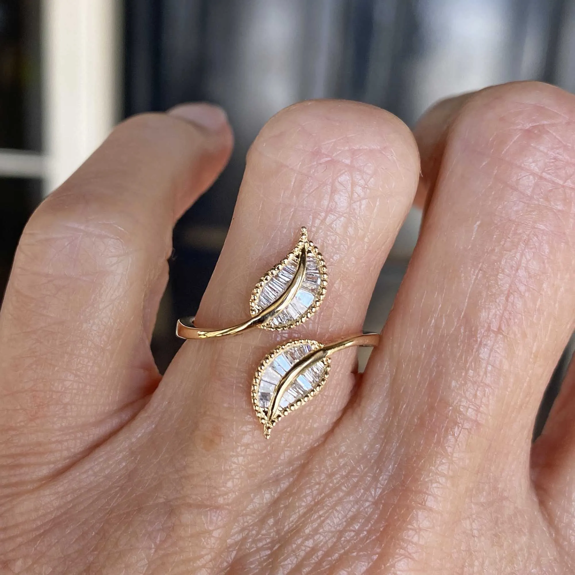 Gold Ivy Leaf Baguette Diamond Bypass Ring