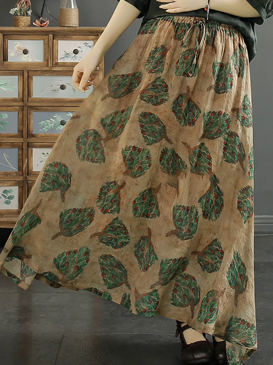 Women Vintage Leaf Flower Ramie Skirt SC1042