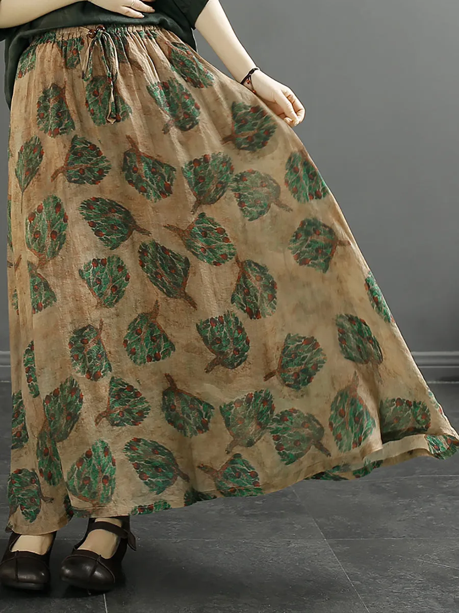 Women Vintage Leaf Flower Ramie Skirt SC1042