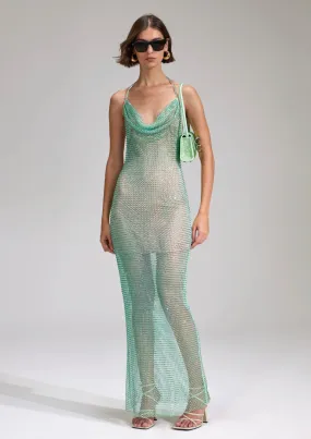 Self-portrait Mint Rhinestone Fish Cowl Maxi Dress Green